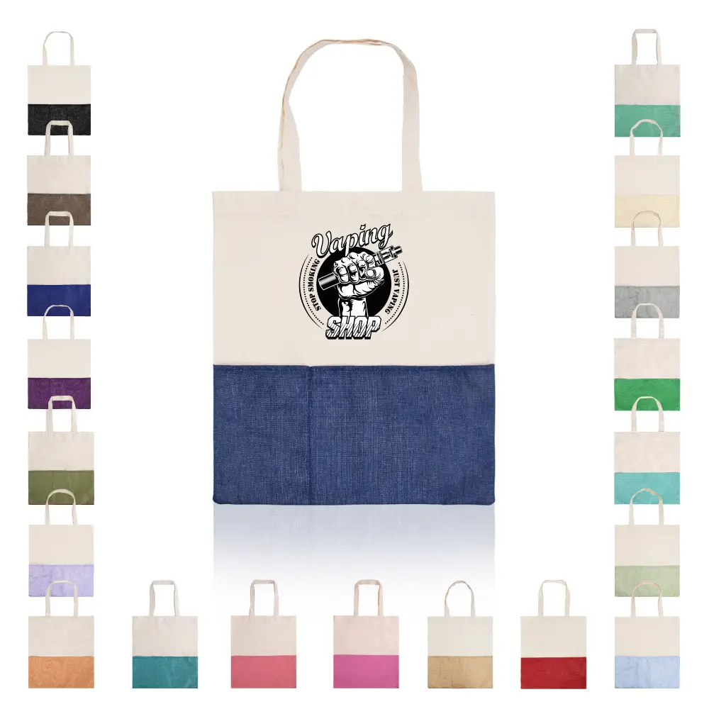 S12287 - Promotional Two-Tone Burlap Cotton Tote Bags with Pocket