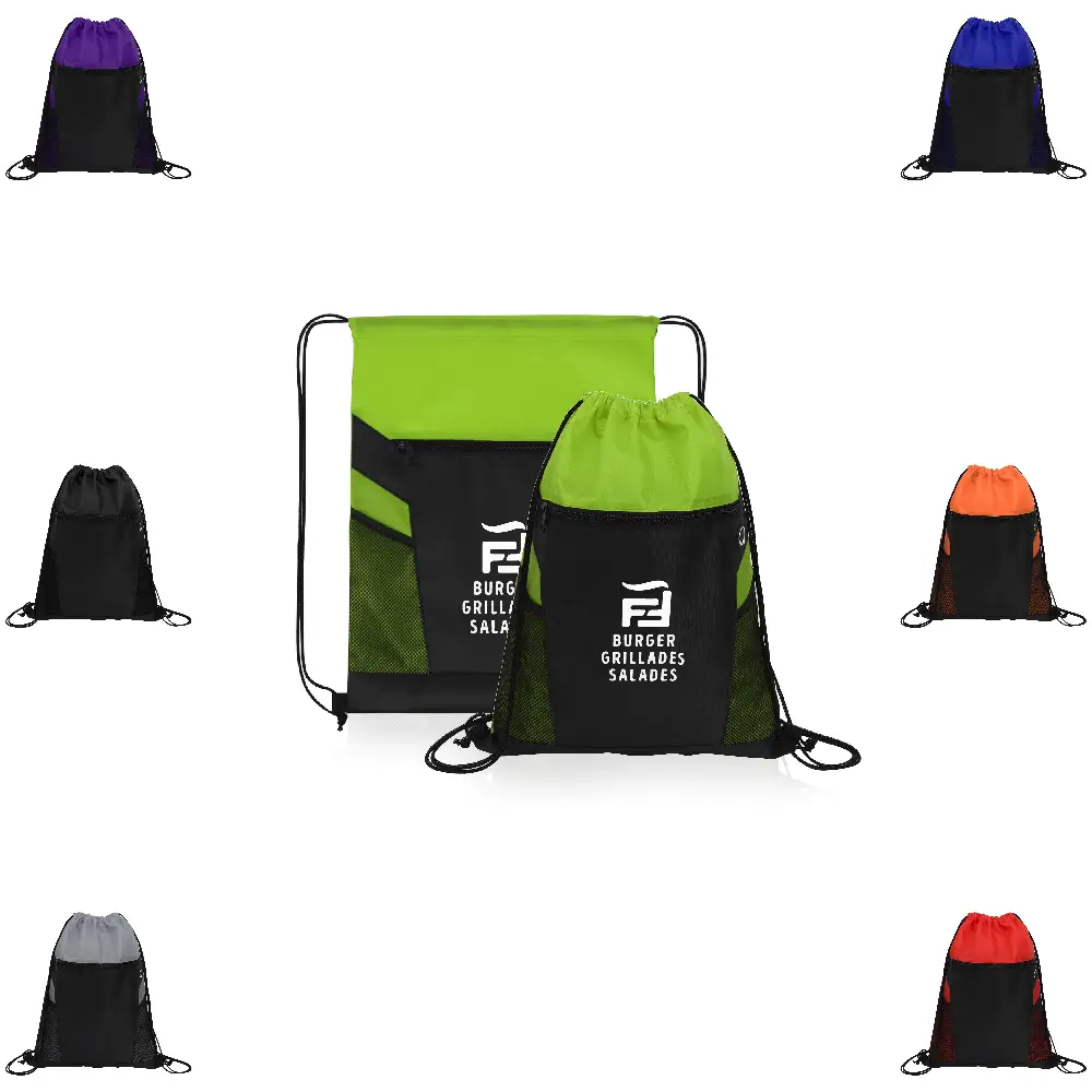 S14344 - Promotional Front Zippered Drawstring Backpack with Twin Mesh Pocket