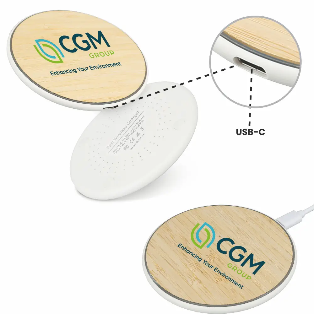 S17347 - Personalized Round Bamboo Organic 15W Wireless Charging Pad | S18347 Full Color

