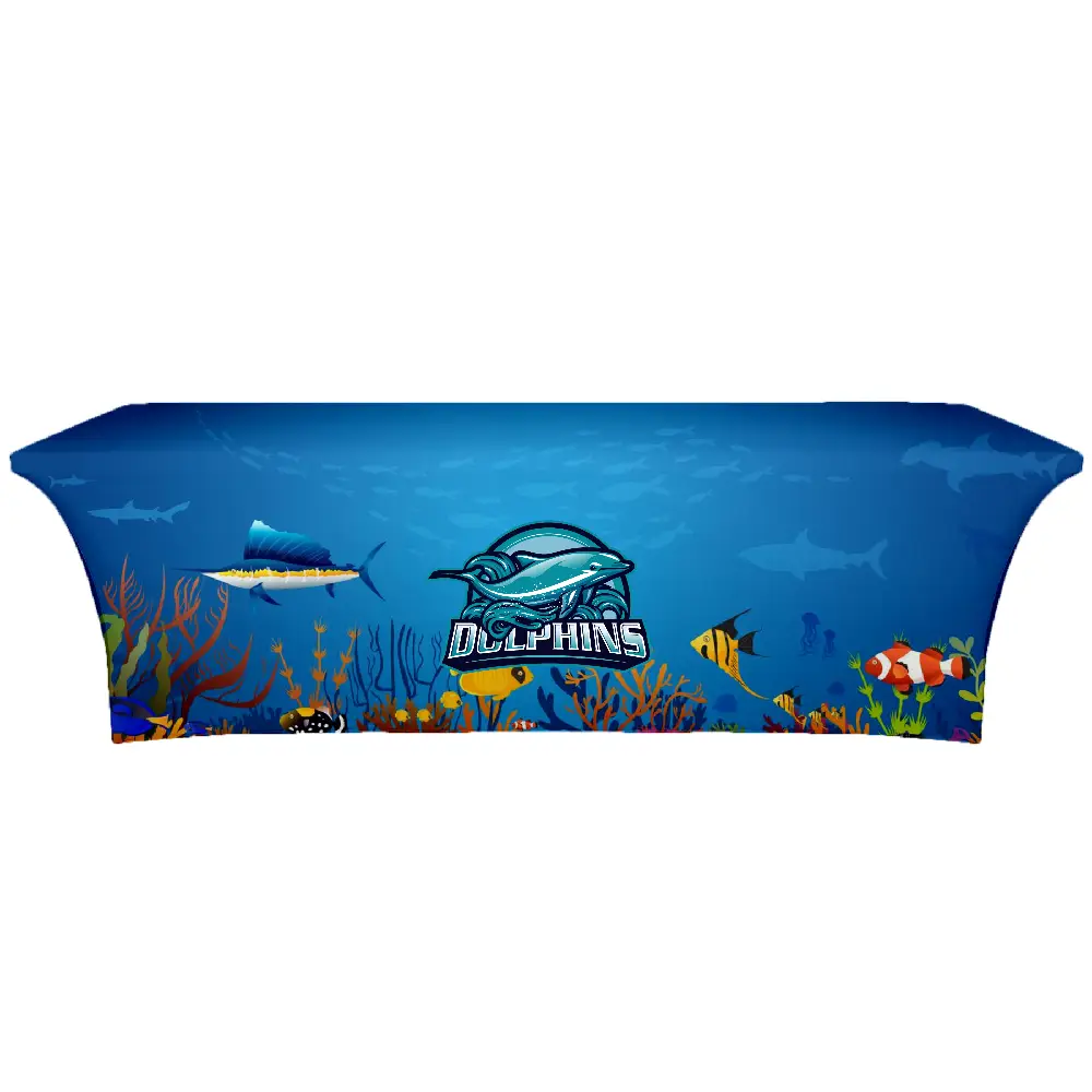 S18807 - Personalized Open Back Stretch Table Cover with Printed Logo
